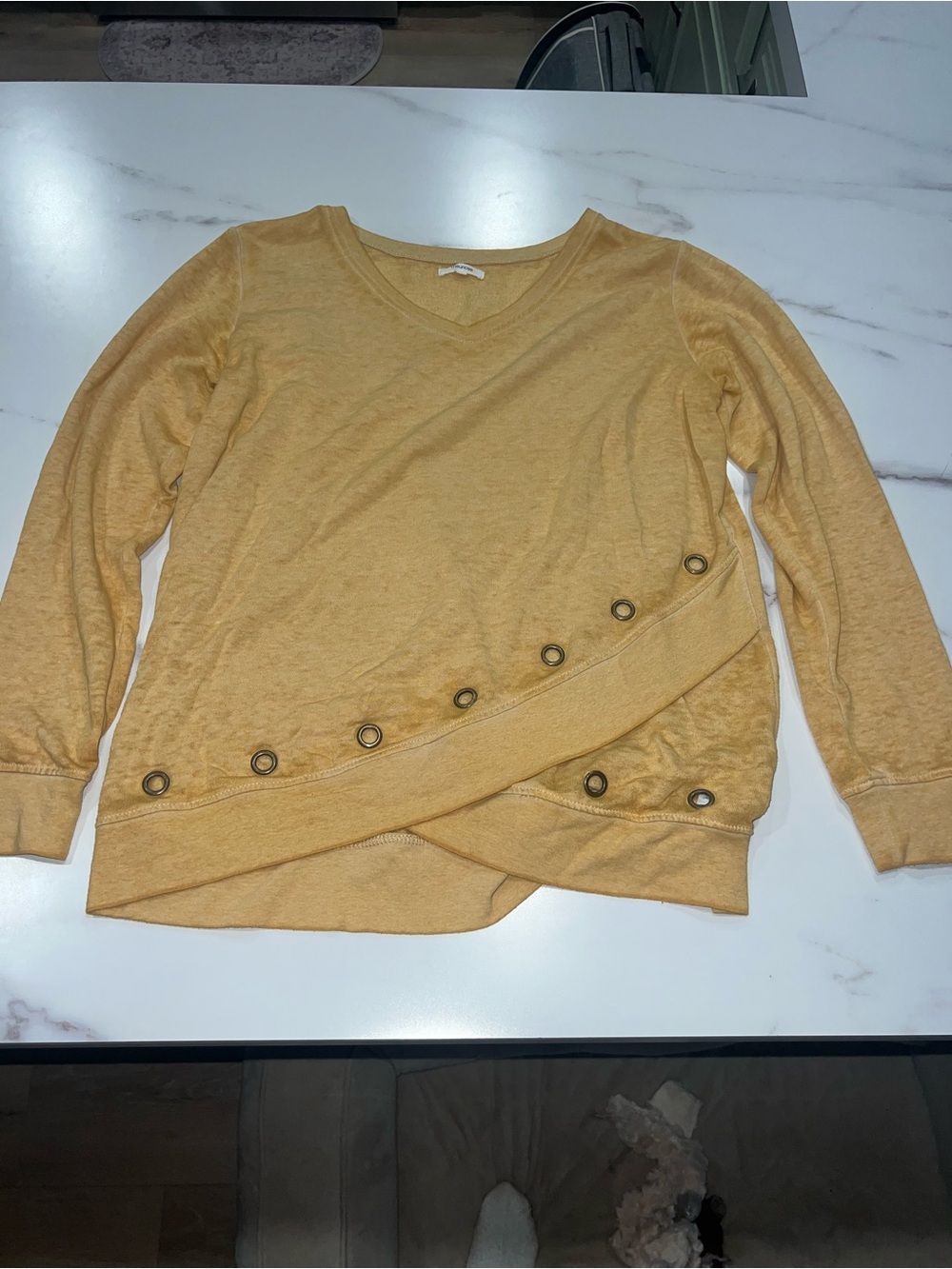 Maurices Golden Mustard V-Neck Wrap Sweatshirt with Eyelet Detail